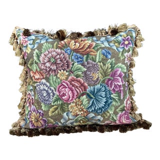 Vintage Metallic and Wool Needlepoint Floral Pillow For Sale