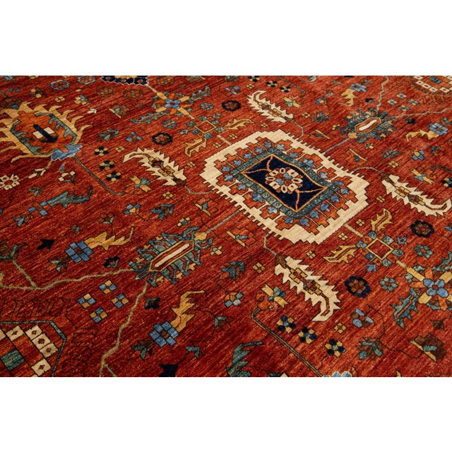 Textile Room Sized Modern Serapi-Style Wool Rug in Rust- Red With Allover Floral Design For Sale - Image 7 of 9