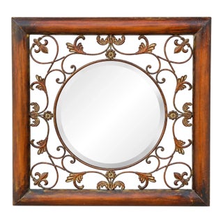 Vintage Old World Variegated Patinated Metal Scrollwork Mirror With Beveled Glass For Sale