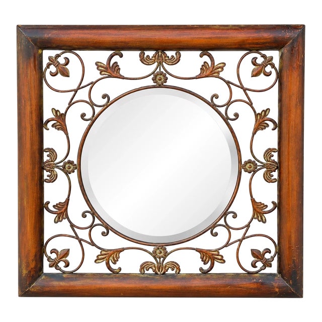 Vintage Old World Variegated Patinated Metal Scrollwork Mirror With Beveled Glass For Sale