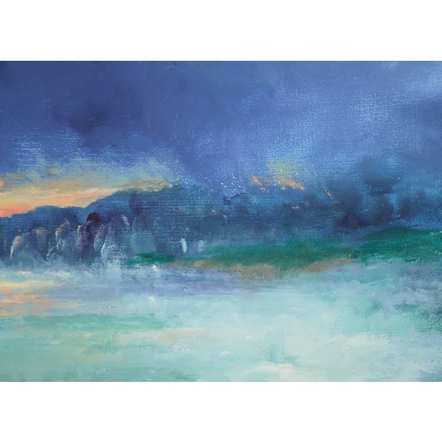 Impressionist Boathouse at Night, Modernist Two Toned Color-Field Abstracted Seascape by Vasil Papkov For Sale - Image 3 of 4