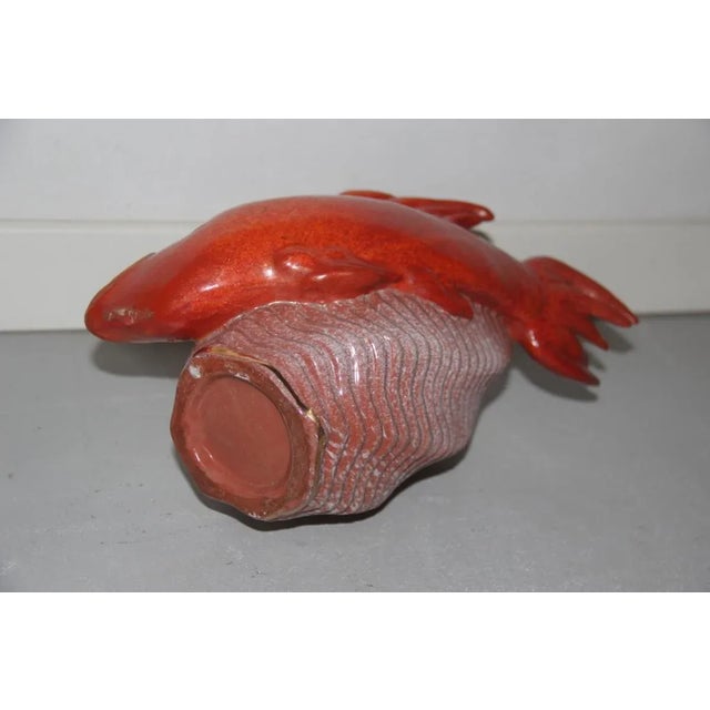 Ceramic vase red fish Mid-Century Modern Italian design 1950s gold parts.