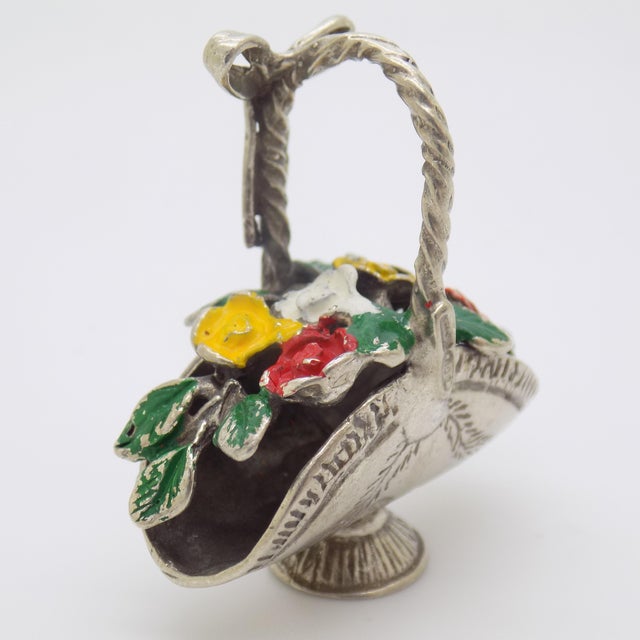 1970s Vintage Italian Handmade Genuine Silver Flower Basket Dollhouse Miniature, Painted, 1980s For Sale - Image 5 of 11
