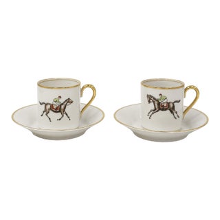 Pair Vintage Hertel Jacob Bavaria Equestrian Demitasse Cups Saucers Germany For Sale