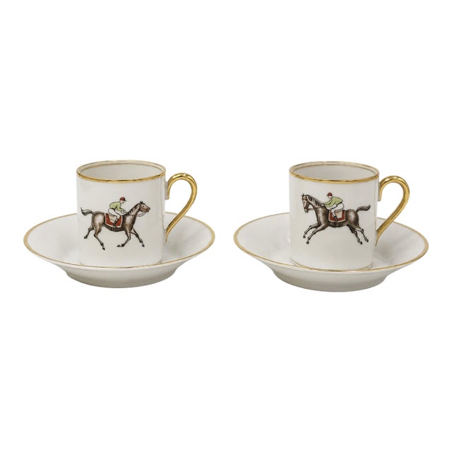 Pair Vintage Hertel Jacob Bavaria Equestrian Demitasse Cups Saucers Germany For Sale