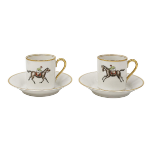 Pair Vintage Hertel Jacob Bavaria Equestrian Demitasse Cups Saucers Germany