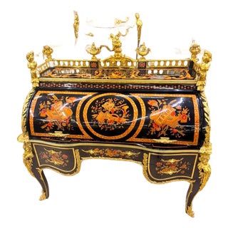 Museum Quality Rococo Marquetry Secretary Black & Gold Writing Bureau For Sale