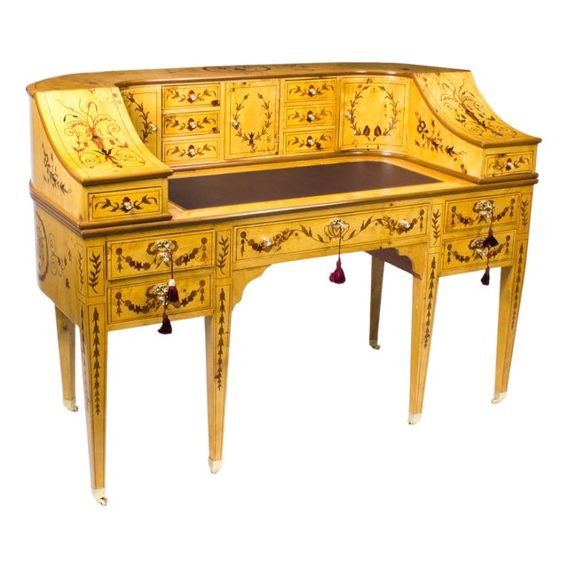 Vintage Satinwood Marquetry Writing Desk, 1990s For Sale