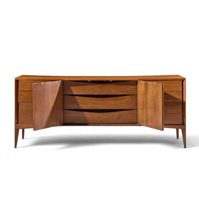 Unagusta Mid Century Walnut Curved Lowboy Dresser For Sale - Image 9 of 10