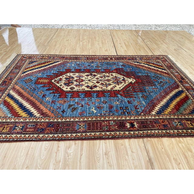 Tribal Sky Blue Kazak Medallion Handmade Wool Rug 5x8 For Sale - Image 3 of 10
