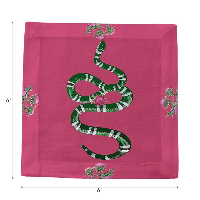 Thistle And Snake Cotton Sateen Cocktail Napkins in Pink, Set of 4 For Sale - Image 4 of 6