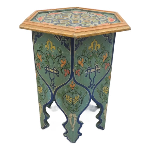 Moroccan Blue & Green Painted Moorish Hexagonal Drinks Table For Sale