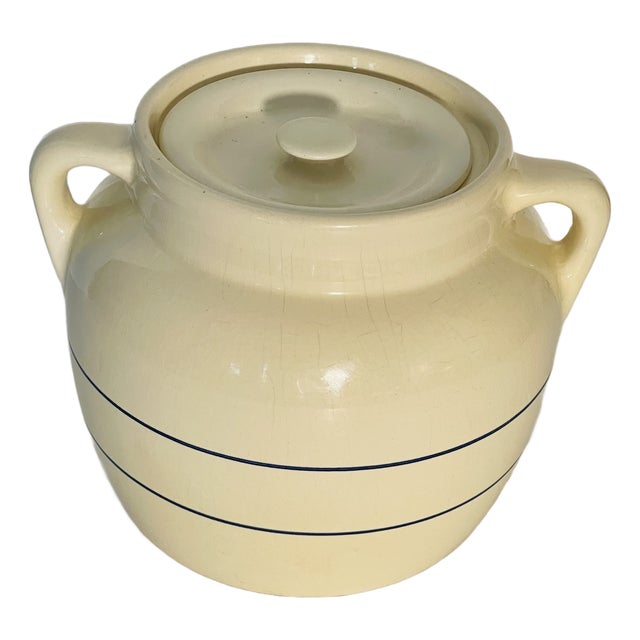 French Antique Glazed Ceramic Pot With Handles and Cover For Sale