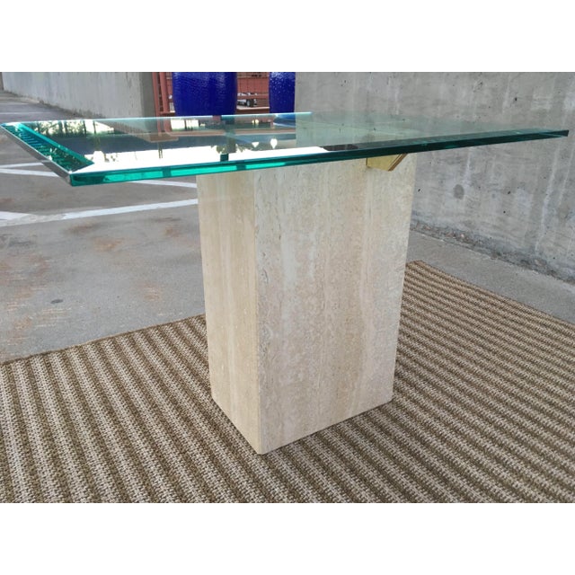 Artedi Artedi Brass-X Pedestal Glass End Table in Polished Travertine Italy For Sale - Image 4 of 13