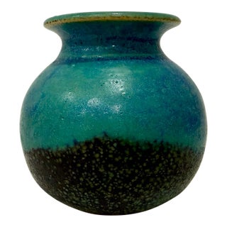 Hand Thrown Signed Teal Blue Glossy Ceramic Vase Pottery From Basel Switzerland For Sale