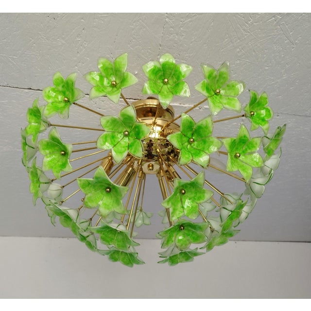 Metal Green Floral Sputnik Flush Mount Chandelier 1980s Glass Flowers For Sale - Image 7 of 12