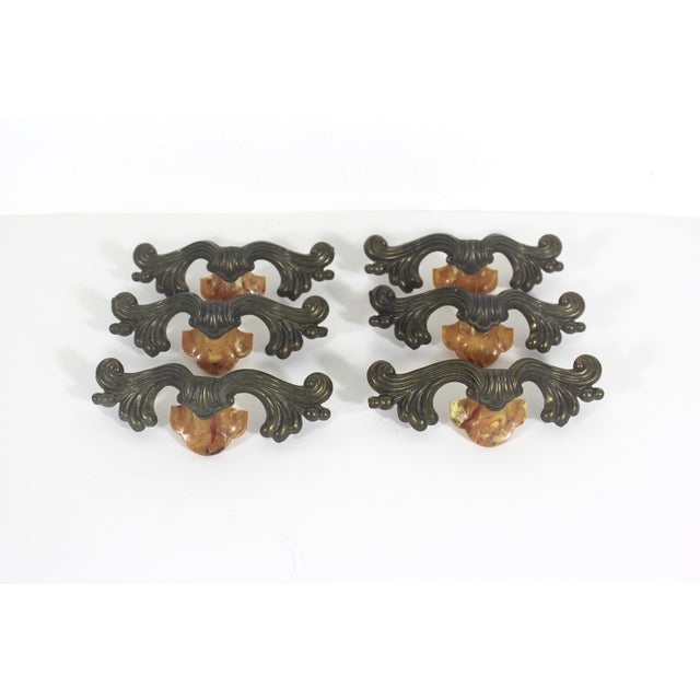 Art Nouveau Set of 6 Vintage Art Nouveau Drawer Pulls Handles Bakelite and Brass Finish For Sale - Image 3 of 12