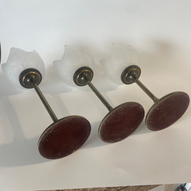 Mid-Century Modern Frosted Glass Tulip Tea Light Candle Holder With Brass Stems - 3 For Sale - Image 3 of 5