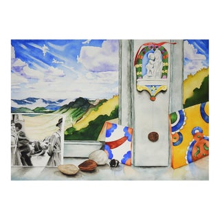 1991 Surreal Window Ocean View Watercolor Painting For Sale