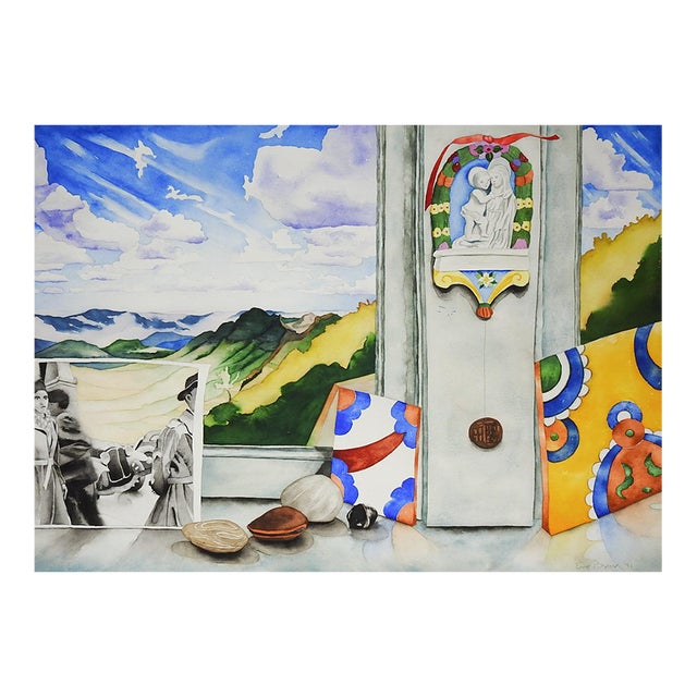 1991 Surreal Window Ocean View Watercolor Painting For Sale