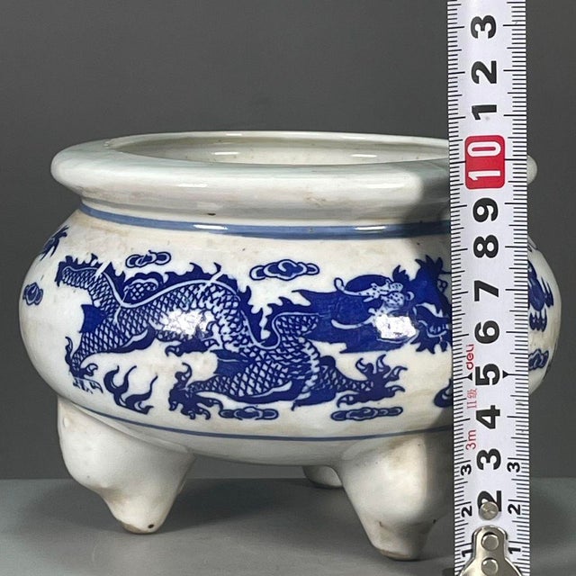 Asian Vintage Blue & White Porcelain Tripod Censer – Dragon Motif, Qianlong Mark For Sale - Image 3 of 9