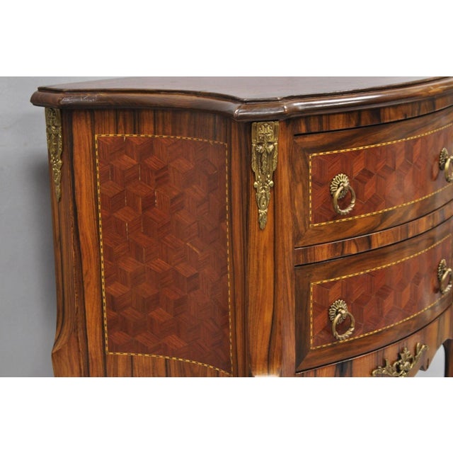 Late 20th Century Vintage French Louis XV Style Marquetry Inlay 2 Drawer Nightstand Commode Table For Sale - Image 5 of 16