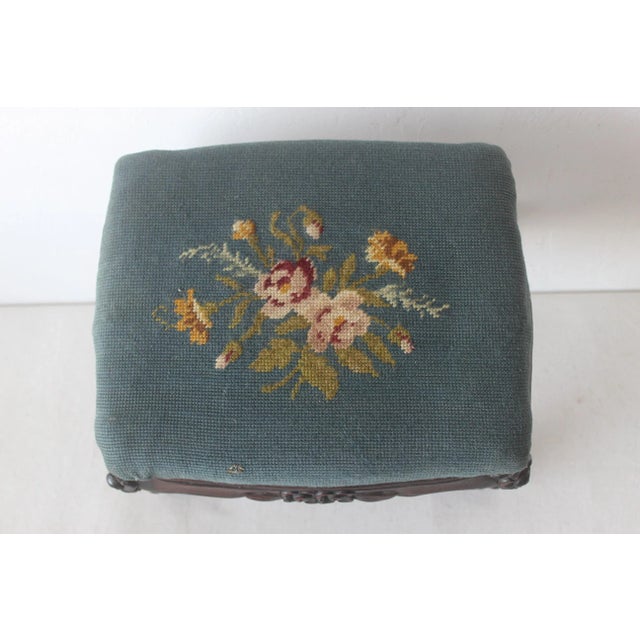 Vintage French Country Louis XV Style Carved Wood Needlepoint Footstool Ottoman Nailhead Detail For Sale - Image 10 of 12