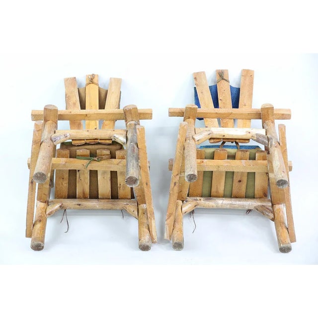 Brown Primitive Adirondack Captain's Chairs - Pair With Woven Geometric Cushions For Sale - Image 8 of 11