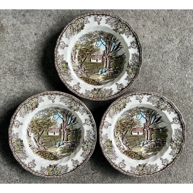 Ceramic English Johnson Bros. "The Friendly Village" Rimmed Soup Bowls- Set of 3 For Sale - Image 7 of 7