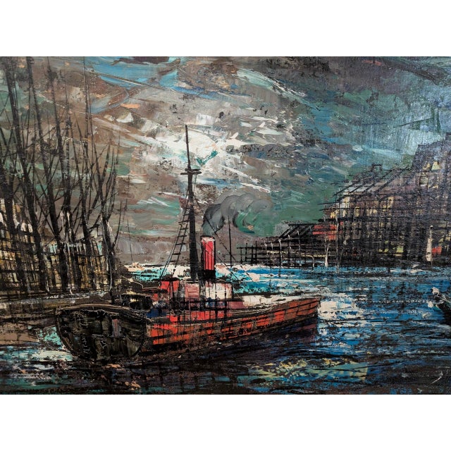 Large Signed Mid-Century Modern Harbor Scene Oil Painting, Palette Knife Maritime Cityscape For Sale - Image 4 of 9