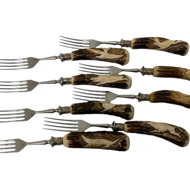 Brown Vintage German Hand-Carved Stag Antler Hunting Dinner Forks - Set of 8 For Sale - Image 8 of 8