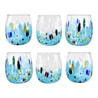 Blue Mirage Multi White Crystal Handmade Italian Murano Drinking Glasses - Set of 6 For Sale