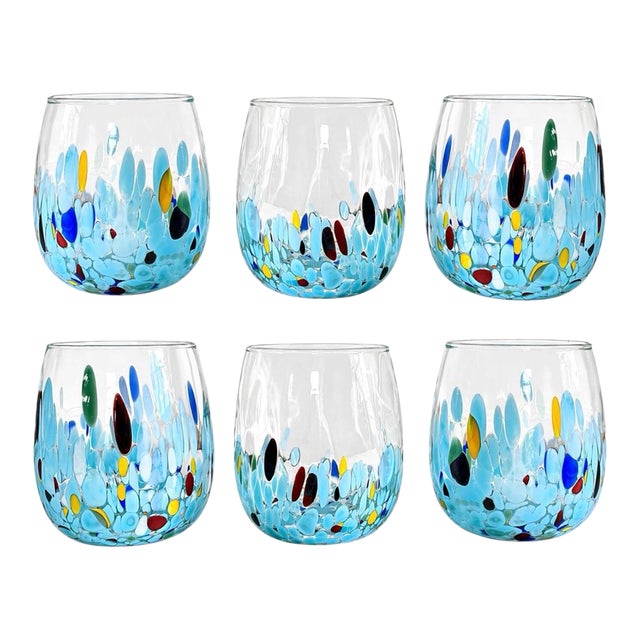 Blue Mirage Multi White Crystal Handmade Italian Murano Drinking Glasses - Set of 6 For Sale