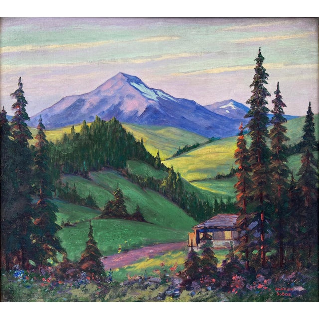 Impressionist " Sunlit Mountains" Majestic Mount Jefferson and Mount Hood Oregon 1930s by Andrew Dobos For Sale - Image 3 of 10