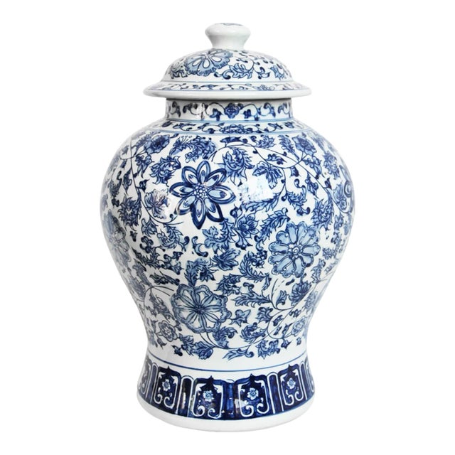 Blue & White Floral Porcelain Urn For Sale