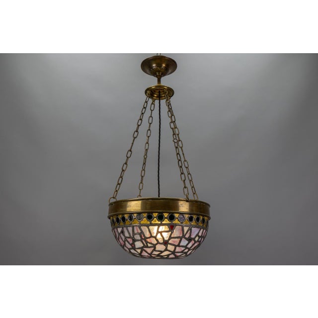 Art Nouveau French Blue and Violet Stained Glass Pendant Light, 1920s For Sale - Image 15 of 18