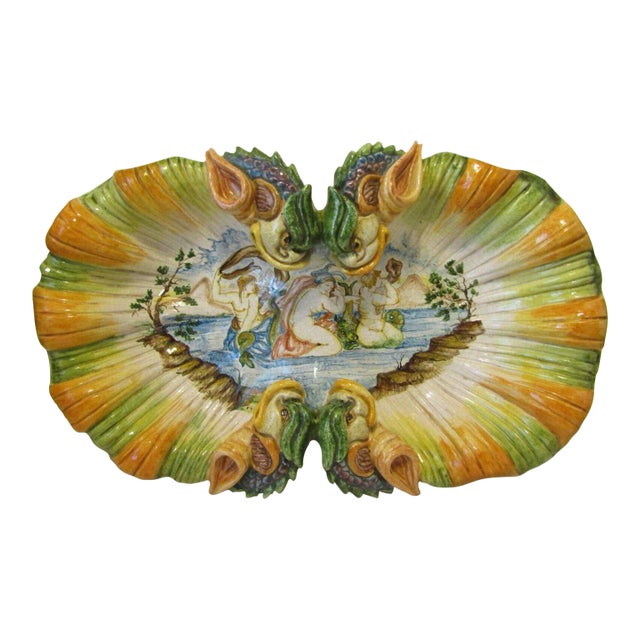 1960s Armando Poggi Florence Hand-Painted Italian Pottery Dolphin Scene Centerpiece For Sale