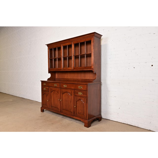 American Henkel Harris American Colonial Solid Cherry Wood Breakfront or Sideboard Buffet With Hutch Top, 1977 For Sale - Image 3 of 15