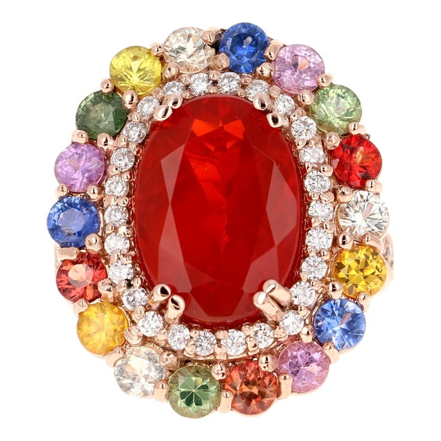 7.39 Carat Fire Opal Sapphire Diamond Rose Gold Cocktail Ring Size 7 For Sale