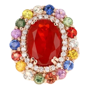 7.39 Carat Fire Opal Sapphire Diamond Rose Gold Cocktail Ring Size 7