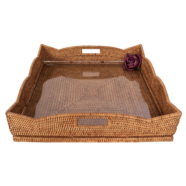Boho Chic Artifacts Rattan Scallop Square Tray with Glass Insert in Brown For Sale - Image 3 of 3