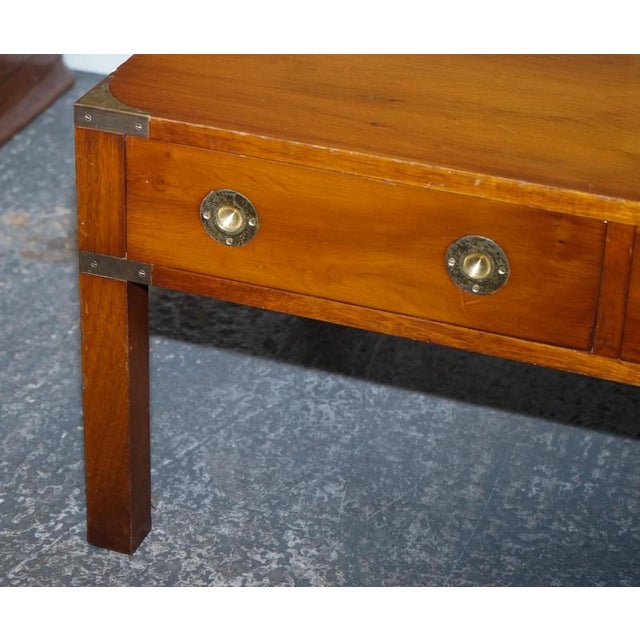 Wood Vintage Military Campaign Burr Yew Wood and Brass 3-Drawer Coffee Table For Sale - Image 7 of 16