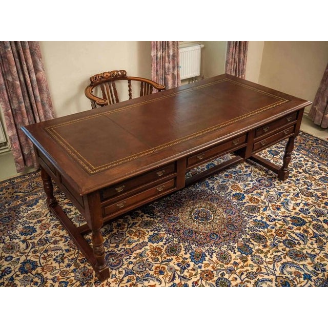 Wood Large Antique Writing Desk in Oak and Leather For Sale - Image 7 of 7