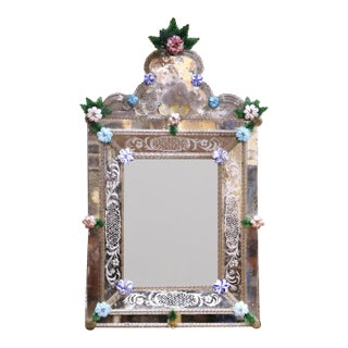19th Century Venetian Cushion Overlay Wall Mirror With Murano Glass Flowers For Sale