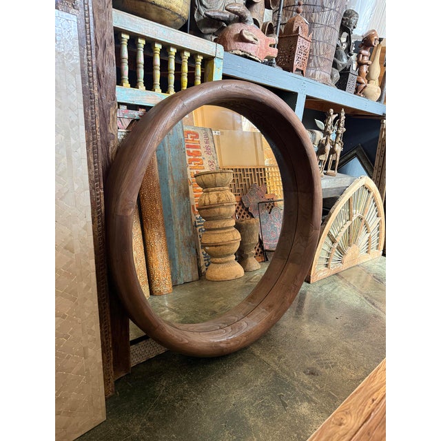 Large Round Wood Walnut Brown Wall Mirror For Sale - Image 4 of 4
