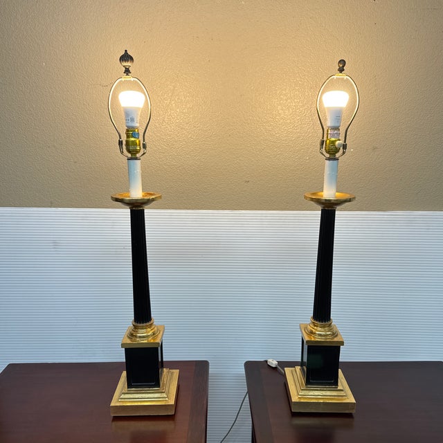 Design Plus Gallery presents a Pair of Buffet Table Lamps with a Neoclassical Style. The bases of these lamps are in two...