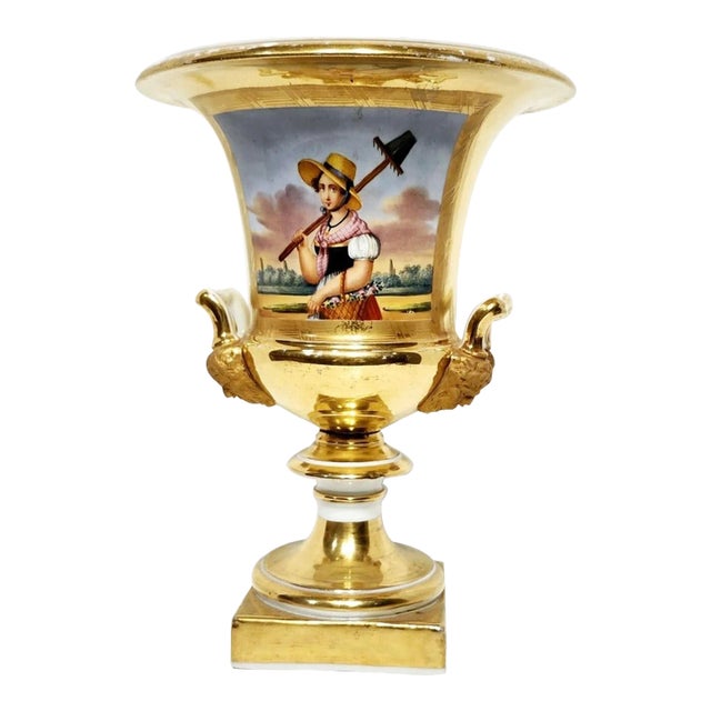 Antique Early 19th Century Old Paris Porcelain Campagna Urn With Hand Painted Gardener For Sale