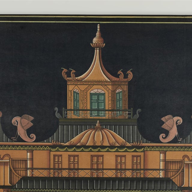 Modern Vintage Modernist Architectural Painting With Pagoda For Sale - Image 3 of 9