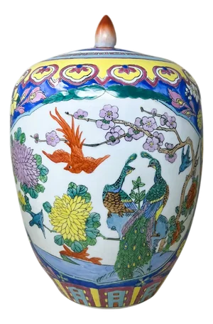 Vintage Chinese Hand Painted Porcelain Chinoiserie Ginger Jar With Peacock & Floral Motif 14"