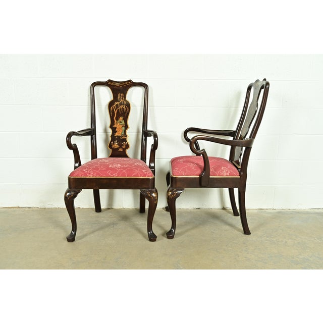 Henredon Chinoiserie Queen Anne Hand Painted Oak and Burl Wood Armchairs, Pair For Sale - Image 10 of 14
